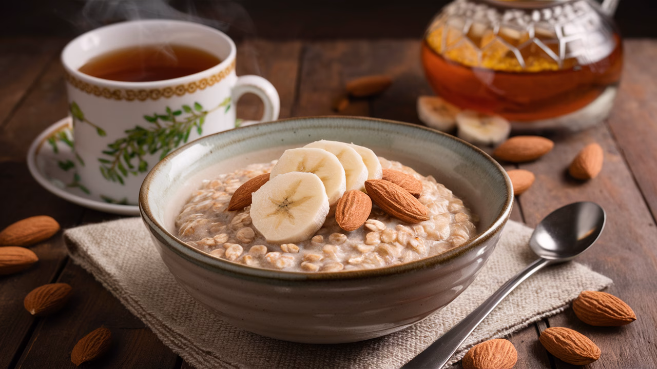 Bananas with oats for sleep Banana sliced on oatmeal bowl