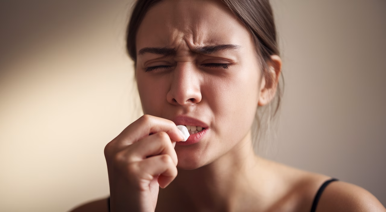 Excessive gum chewing and TMJ link Woman chewing gum with jaw tension