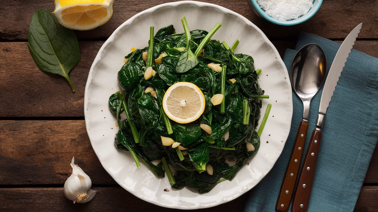 Iron-rich foods for anemia recovery Leafy greens and meat on a table
