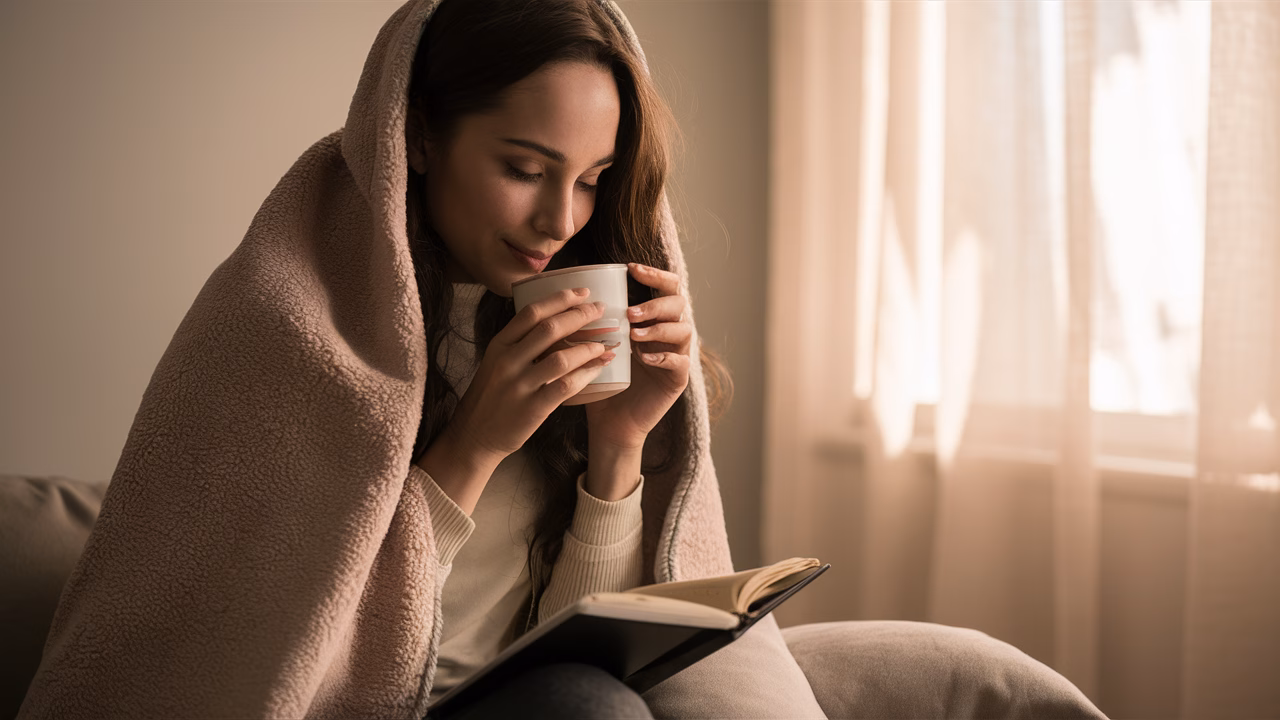 Calm and balanced daily immune activities Person sipping herbal tea and journaling