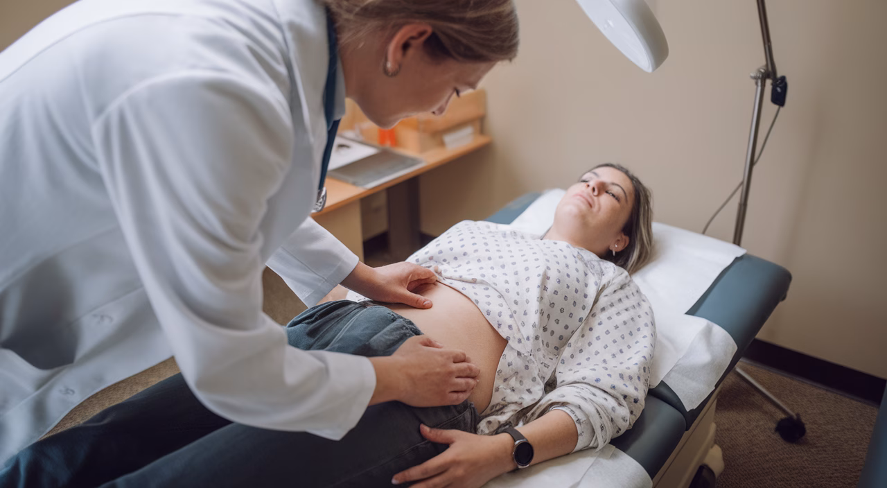 Doctor examining belly button Doctor examining belly button