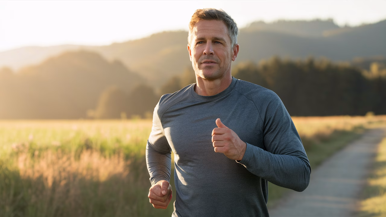 Exercise and stress control for healthy skin man jogging outdoors at sunrise