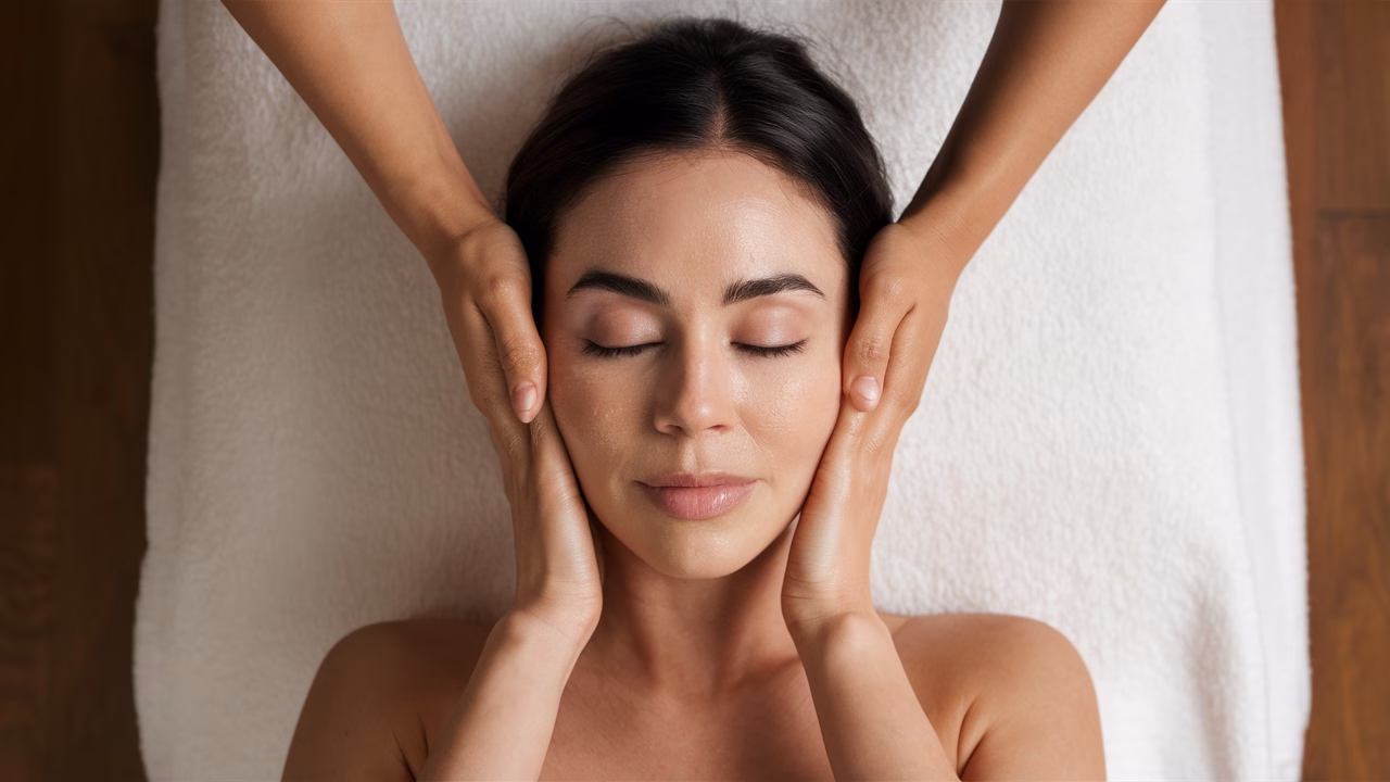 DIY facial massage techniques Woman doing facial massage at home