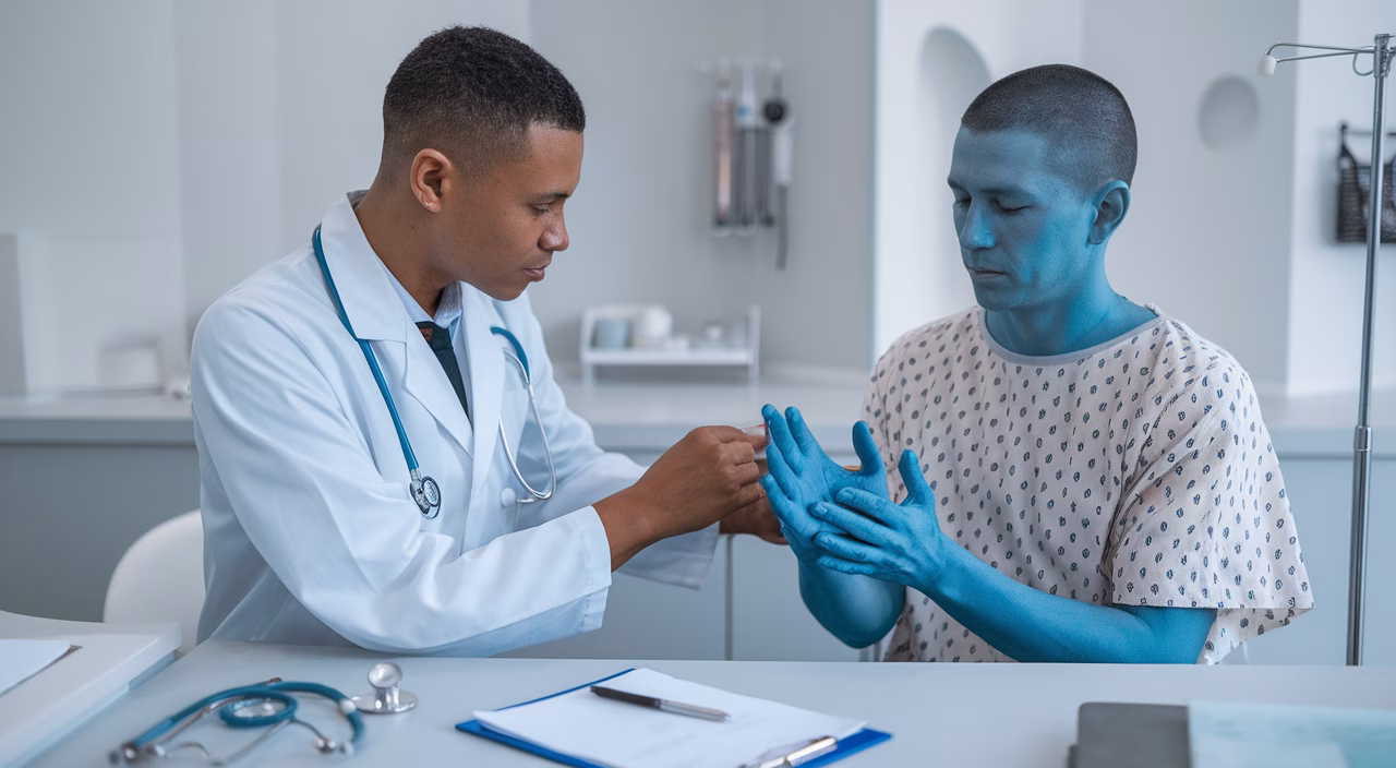Doctor inspecting cold hands Health check with cold hands