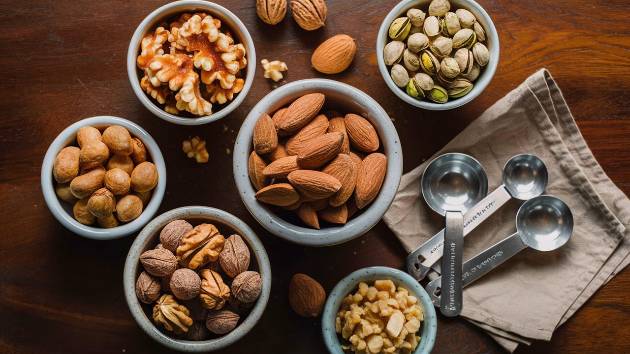 Heart-healthy nuts varieties Healthy nuts in bowls
