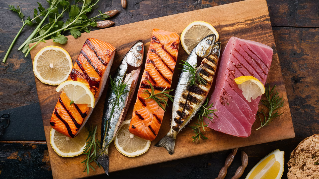 Salmon and fish rich in omega-3 Fresh fish with lemon and herbs