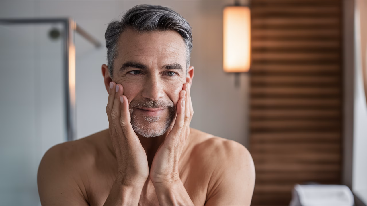 Anti-aging skincare after 40 man touching clean face after skincare