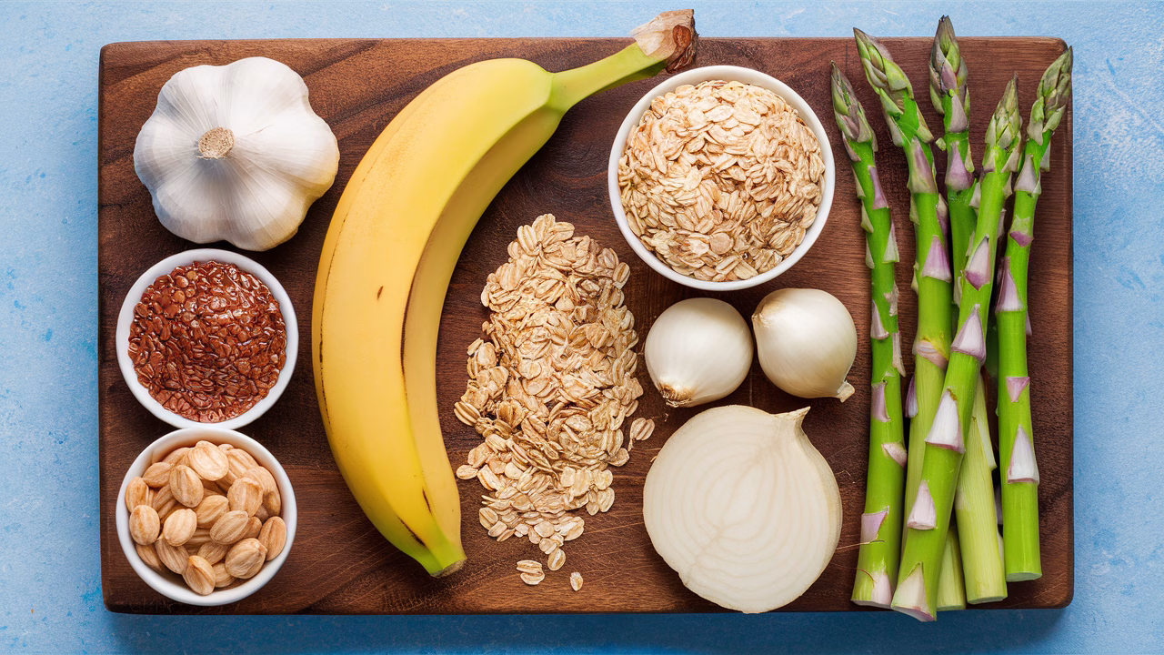 Prebiotic foods: garlic, banana, oats fiber-rich prebiotic foods