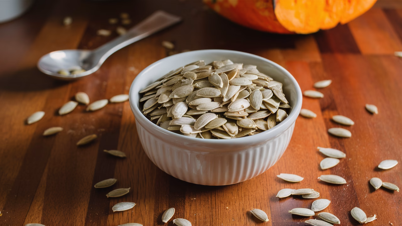 Pumpkin seeds for anemia Iron-rich pumpkin seeds on wooden table