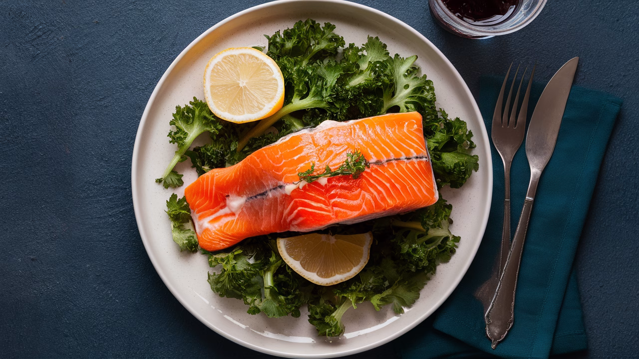 Salmon rich in Omega-3 for heart health salmon serving with vegetables