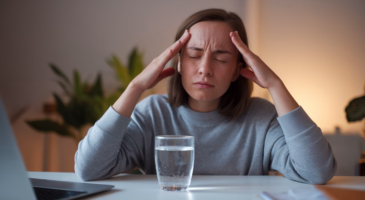 Signs of dehydration affecting focus Woman rubbing temples with water bottle nearby