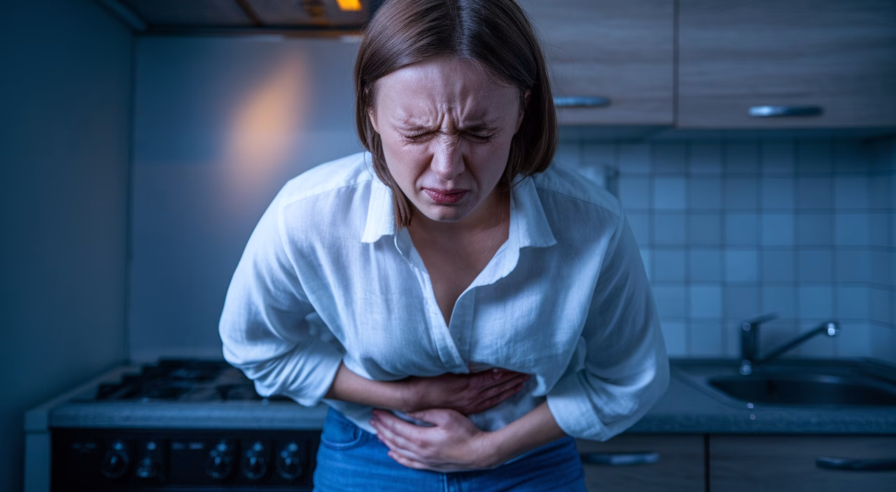 Stressful emotions affecting digestion Woman holding stomach in pain