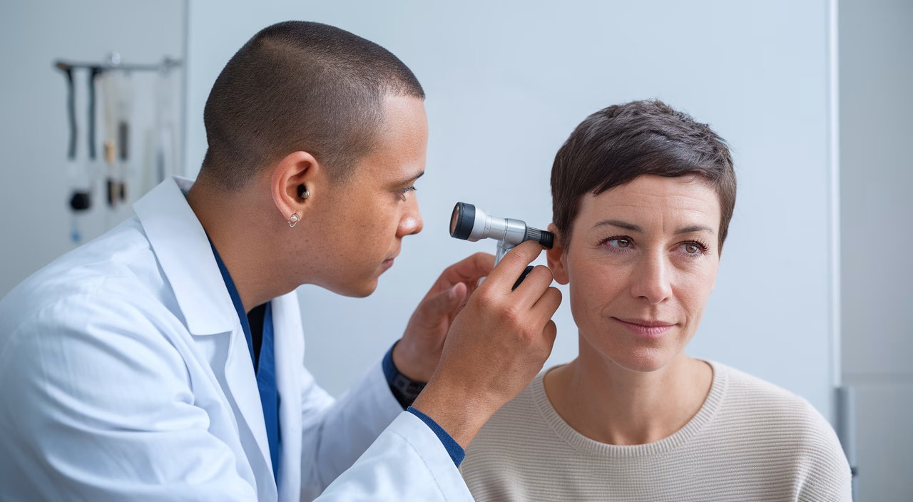 Medical care for ear infections Doctor examining a swimmer